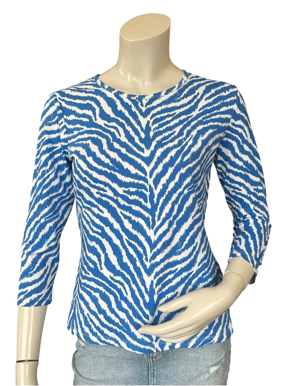 J McLaughlin Blue & White Animal Zebra Print 3/4 Sleeve Catalina Cloth Blouse XS